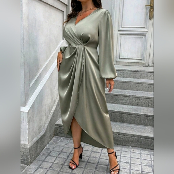 New Draped Wrap Front Lantern Long Sleeve Dress Satin PLUS Light Green - Picture 4 of 7